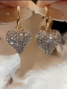 14k Gold Plated Hoop Heart Cubic ZirconiaDrop Earrings - Sparkling Silver Hearts